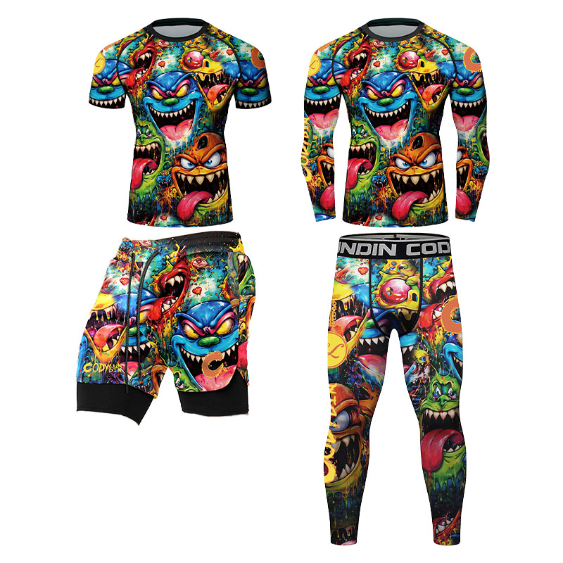 Rash Guard - 3Dカラフルモンスターグラフィティ柄、メンズ用コンプレッションラッシュガード、長袖・半袖、MMA・BJJ用、格闘技用レギンス、ショートパンツ、ワークアウト用ベースレイヤー。