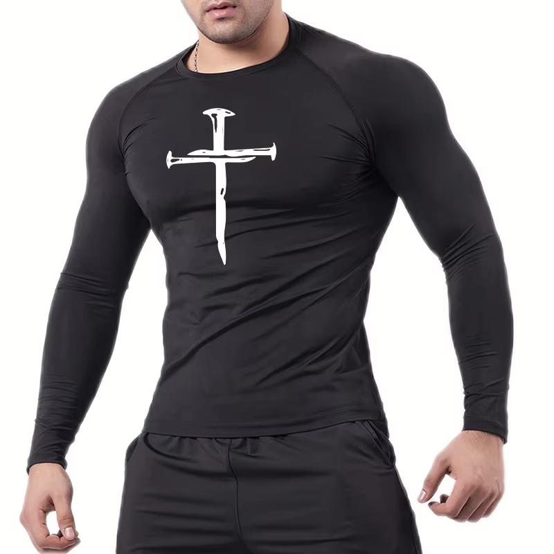 Rash Guard - クリスチャンワークアウトコンプレッションシャツ グラフィック長袖ラッシュガード アスレチック速乾トップス メンズ ランニングトレーニングシャツ
