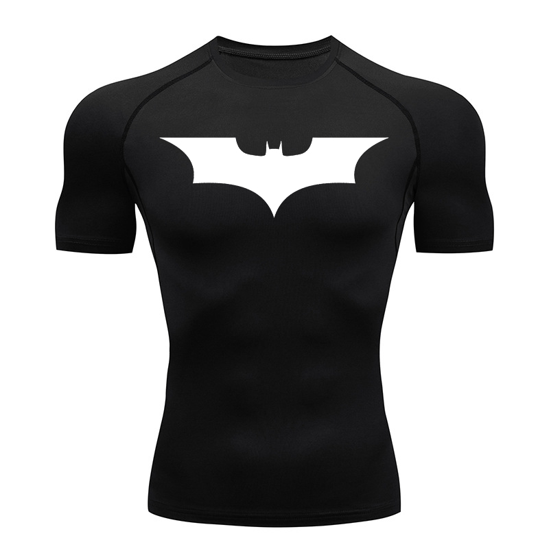 Rash Guard - バットプリント圧縮シャツ男性夏半袖ラッシュガードジムトレーニングランニング Tシャツアスレチック速乾 Tシャツトップス