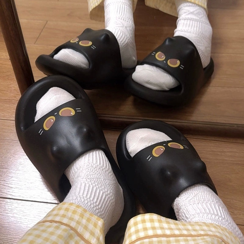 新しい可愛い3D黒猫の足型スライドサンダル レディース ソフ - Water Shoes のレビューと価格
